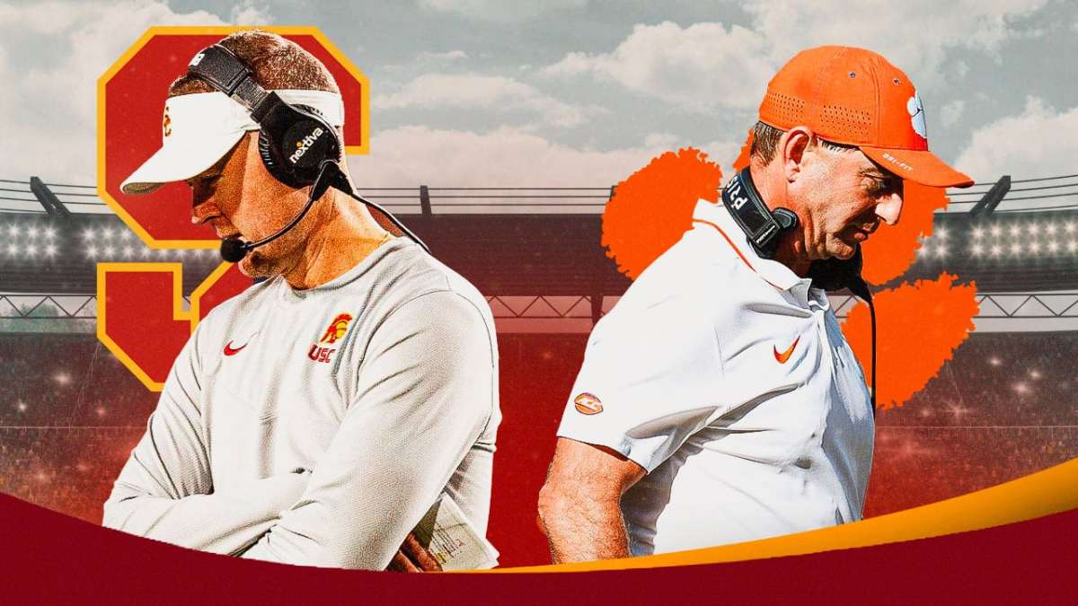 USC football head coach Lincoln Riley and Clemson football head coach, Dabo Swinney looking disappointed