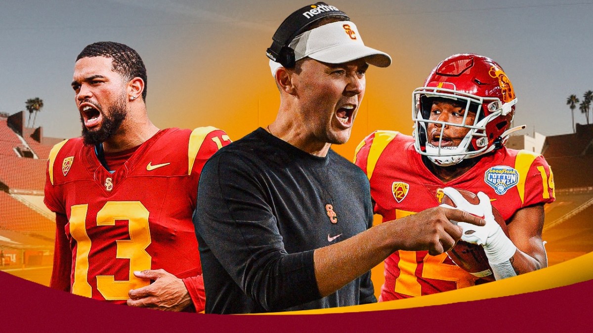 USC Lincoln Riley and Caleb Williams with Raleek Brown who will hit the NCAA Transfer Portal