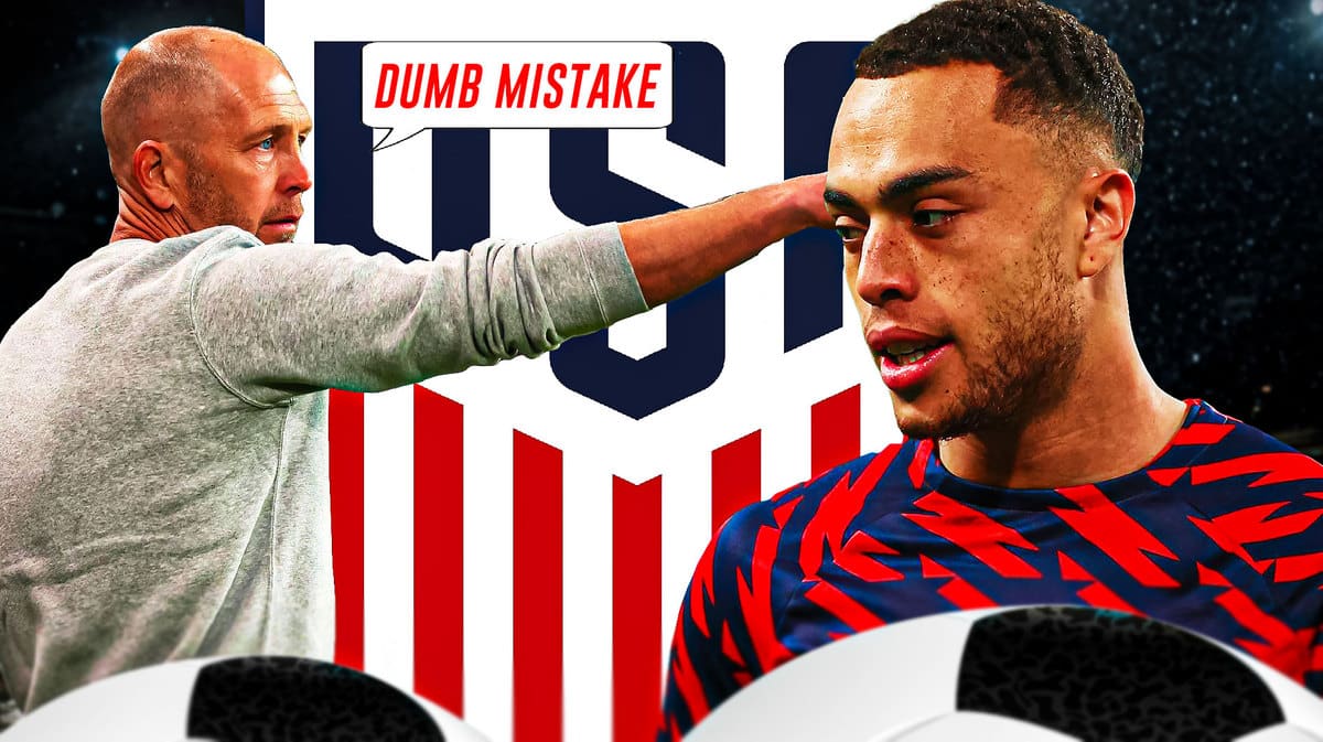 Gregg Berhalter saying: ‘Dumb mistake’ next to Sergino Dest in front of the USMNT logo