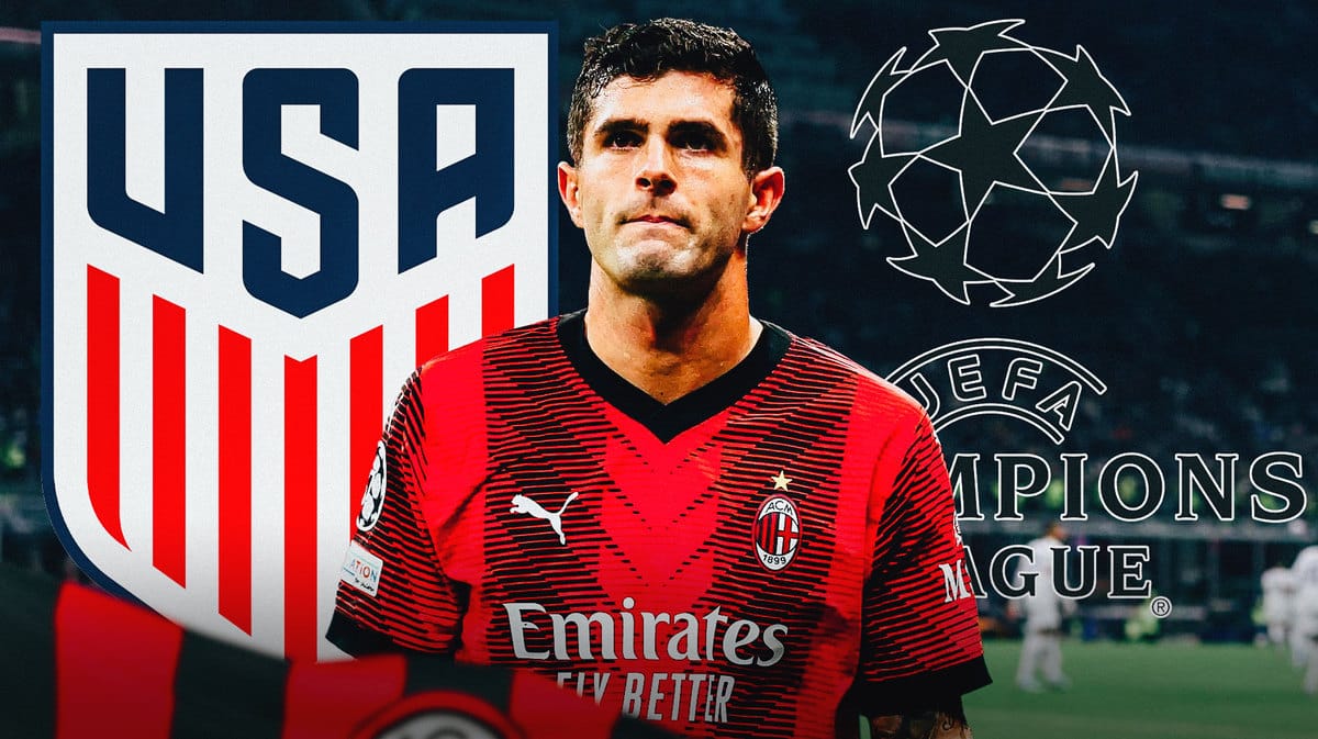 Christian Pulisic looking down/sad in front of the USMNT and Champions League logos