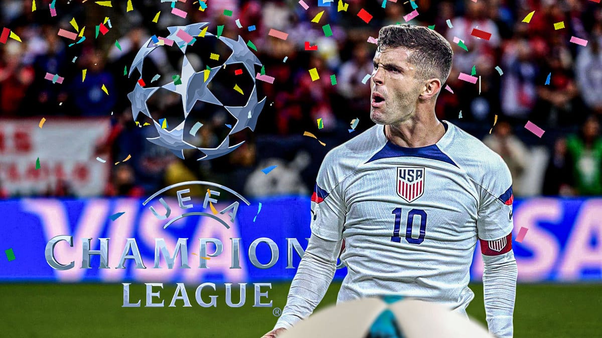 Christian Pulisic celebrating in front of the Champions League logo USMNT