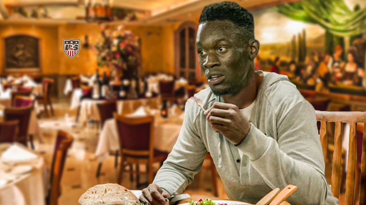 Folarin Balogun having dinner in a fancy restaurant, the USMNT logo on the wall