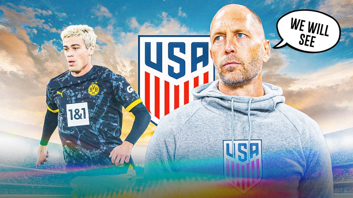 Gregg Berhalter saying: ‘We will see’ next to Gio Reyna, the USMNT logo behind them