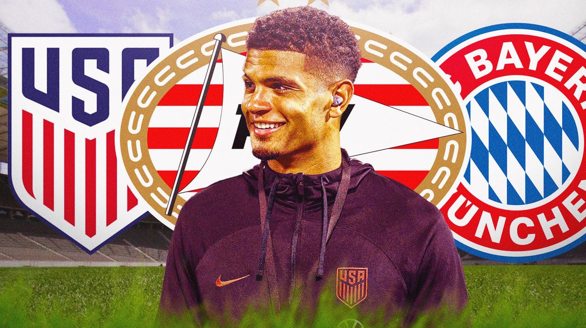 Malik Tillman in front of the USMNT, PSV and Bayern Munich logos