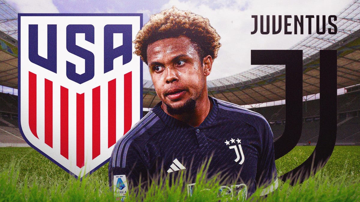 Weston Mckennie in front of the USMNT and Juventus logos