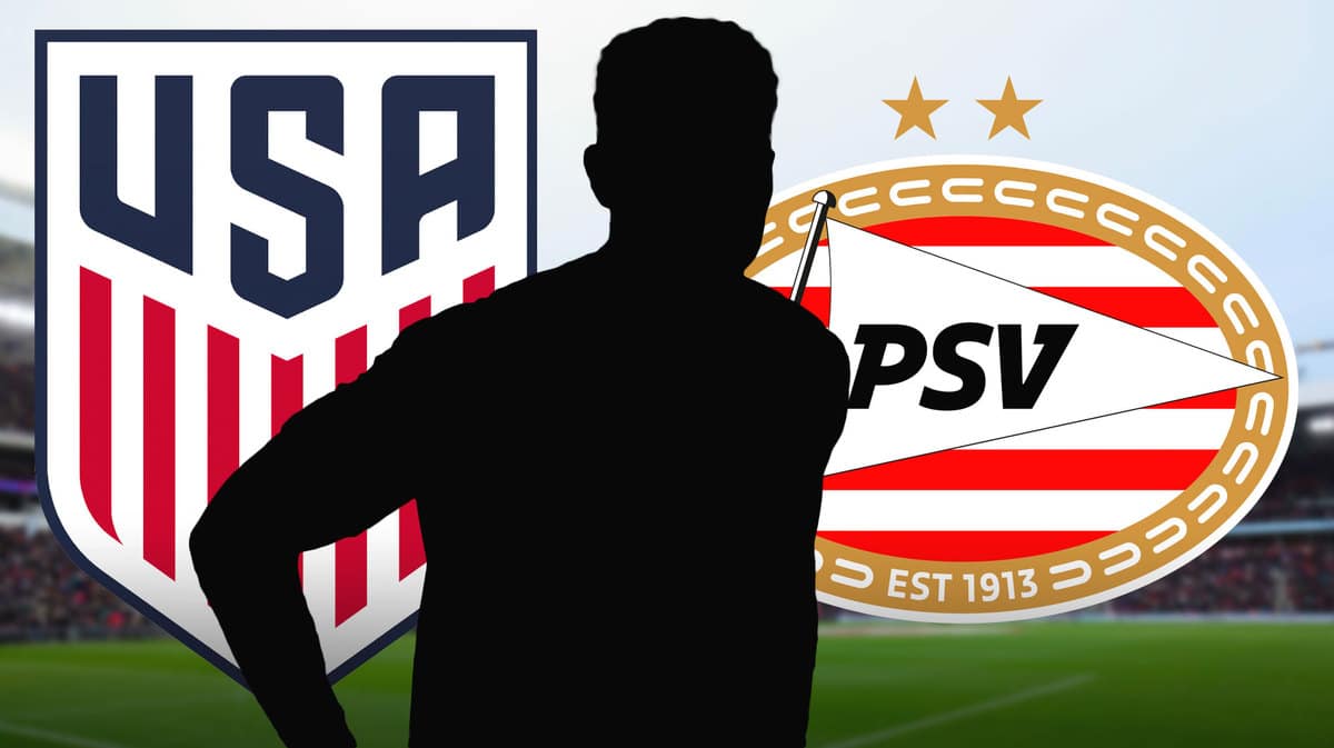 The silhouette of Miles Robinson in front of the USMNT and PSV logos