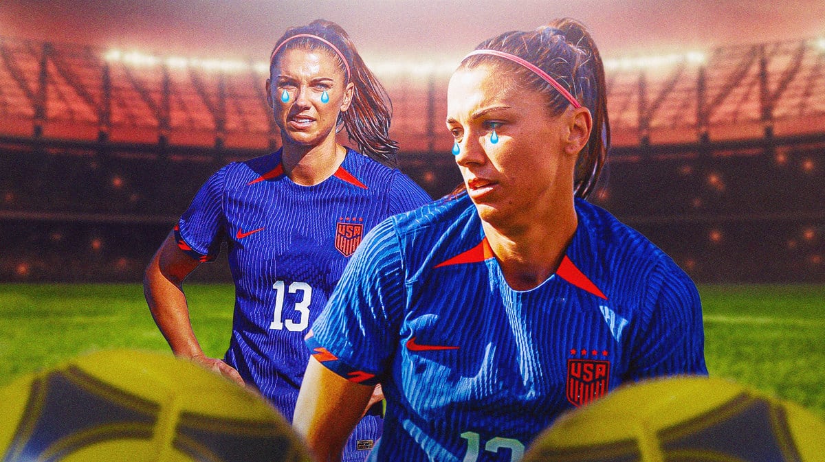 USWNT soccer player Alex Morgan on a soccer field, looking “sad” with tear drop emojis