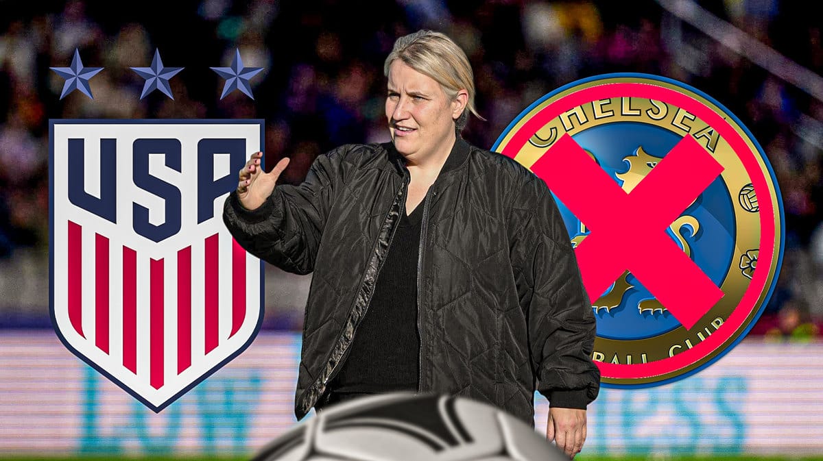 Emma Hayes in the middle, the USWNT logo next to her, the Chelsea logo crossed out on the other side