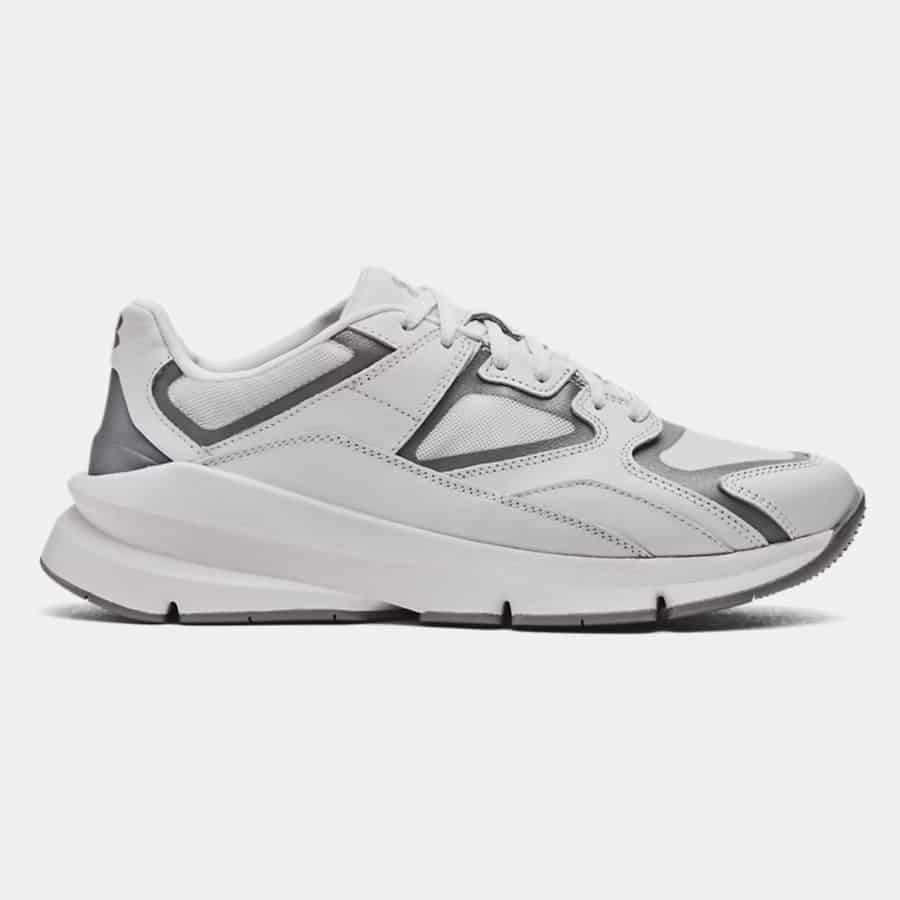 Unisex UA Forge 96 Leather Shoes - White/Reflective - 100 colorway on a light gray background.