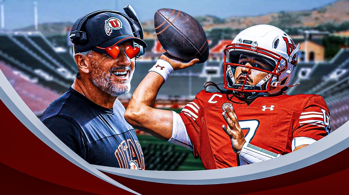 Utah football head coach Kyle Whittingham and quarterback Cam Rising
