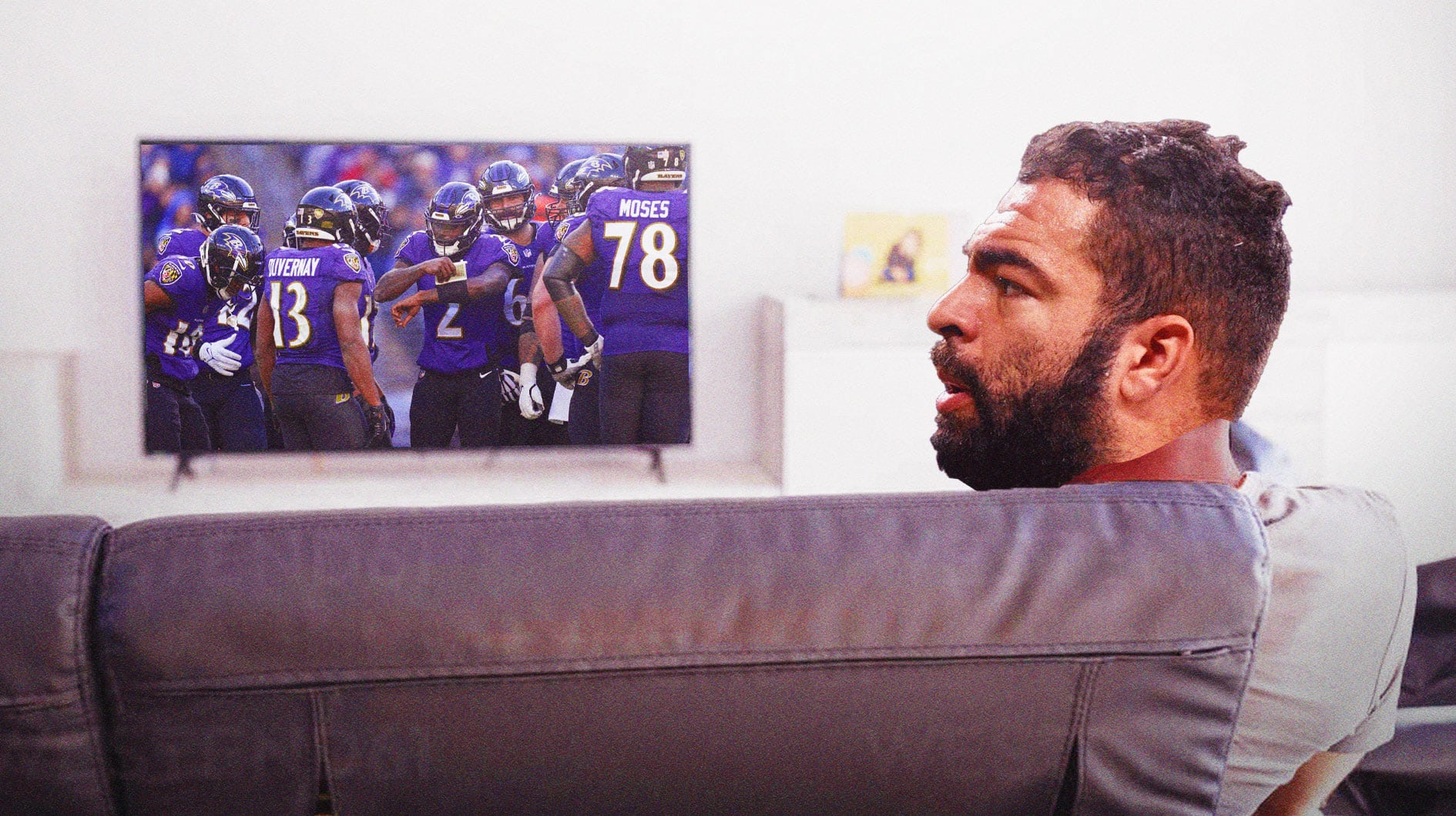 Kyle Van Noy sitting on the couch watching a TV. Have Ravens players on the TV