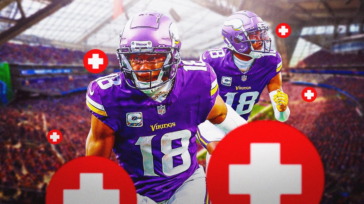 Action shot of Vikings' Justin Jefferson with medical cross symbol