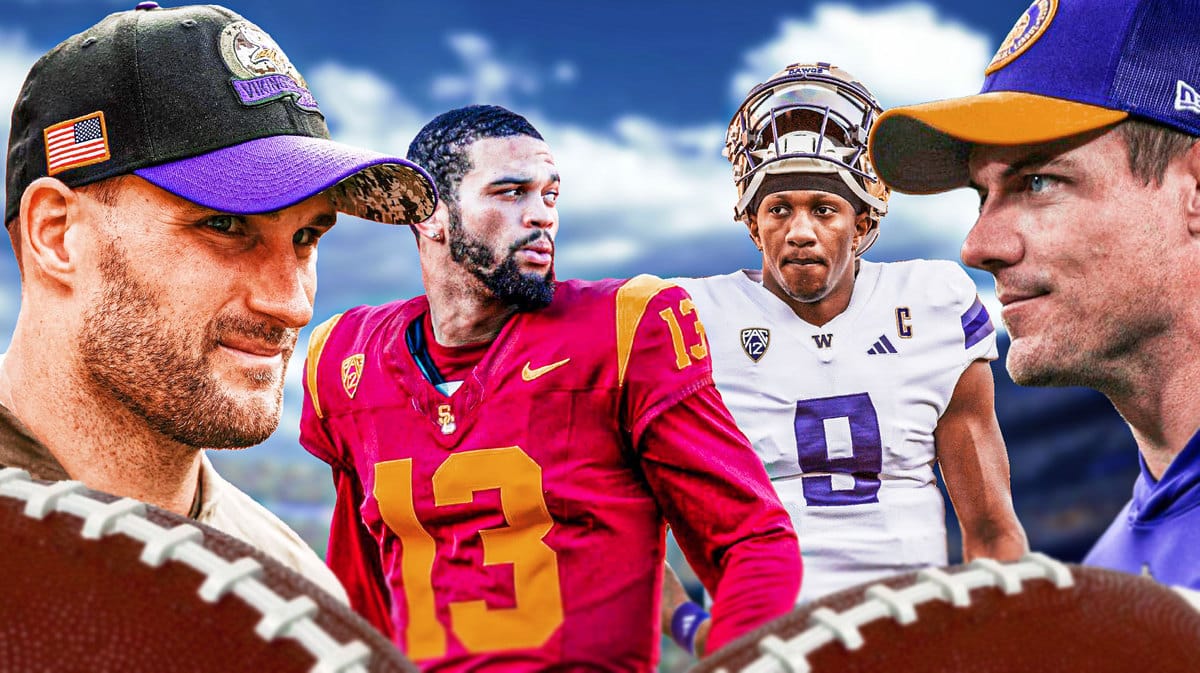 Thumb: Kirk Cousins looking at Caleb Williams, Michael Penix Jr. Vikings coach Kevin O’Connell thinking.