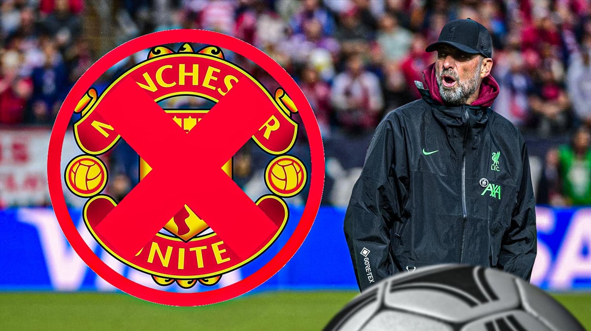 Jurgen Klopp looking at a crossed out Manchester United logo