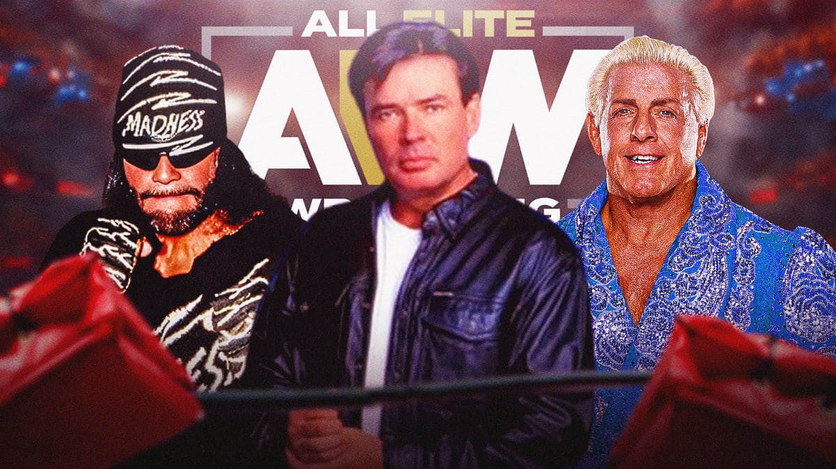 Eric Bischoff with WCW NWA Randy Savage on his left and Ric Flair on his right with the AEW logo as the background.