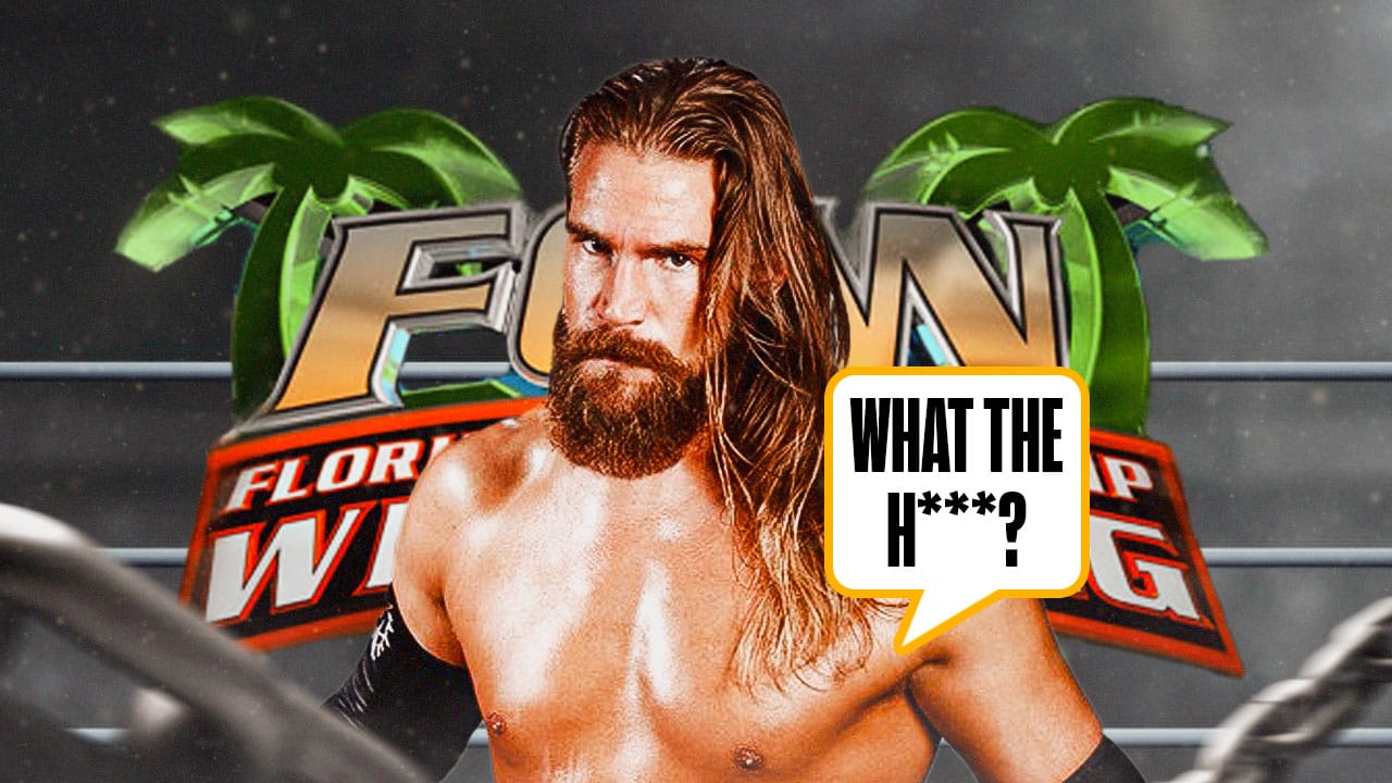 Chris Hero with a text bubble reading “What the h***?” standing in front of the Florida Championship Wrestling logo.
