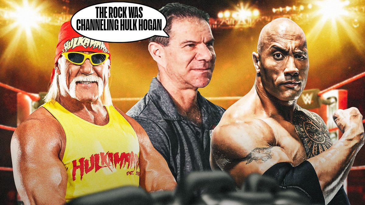 Dave Meltzer with a text bubble reading “The Rock was channeling Hulk Hogan” with The Rock on his right and Hulk Hogan on his left.