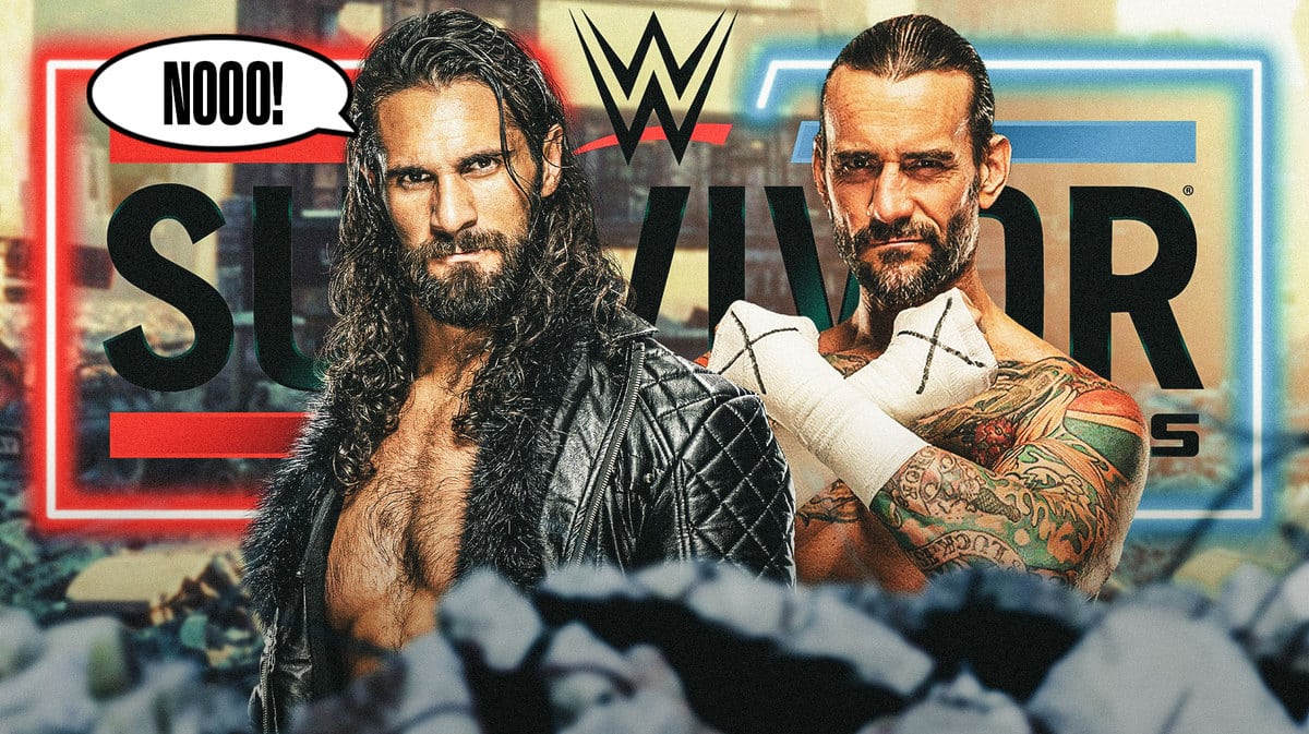 Seth Rollins with a text bubble reading “Nooo!” opposite CM Punk with the 2023 Survivor Series logo as the background.