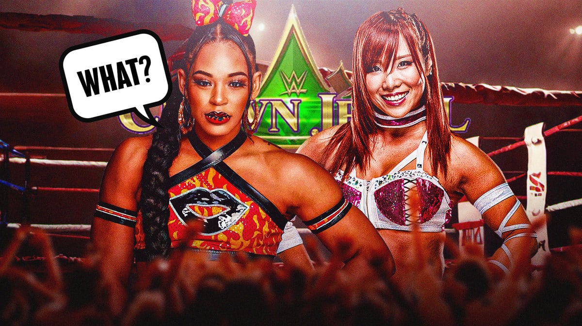Bianca Belair with a text bubble reading “What?” next to Kairi Sane with the Crown Jewel logo as the background.