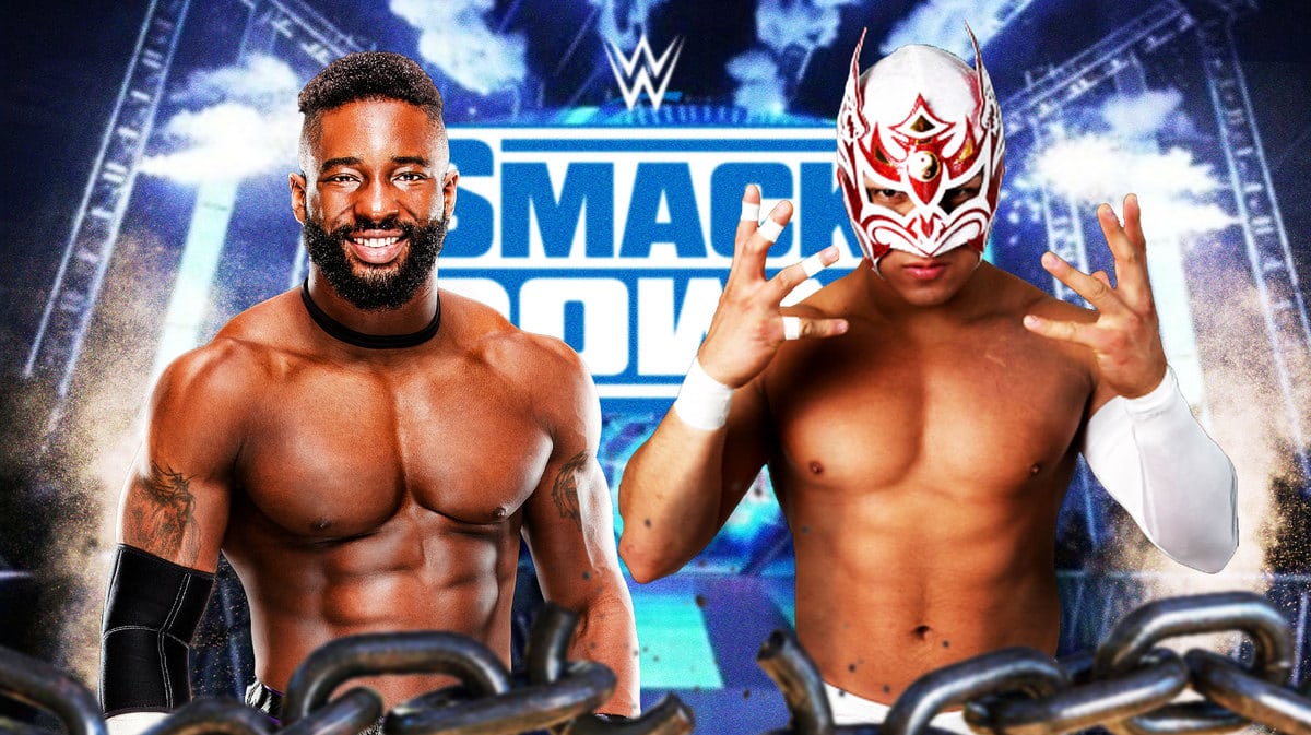 Dragon Lee next to Cedric Alexander with the SmackDown logo as the background.