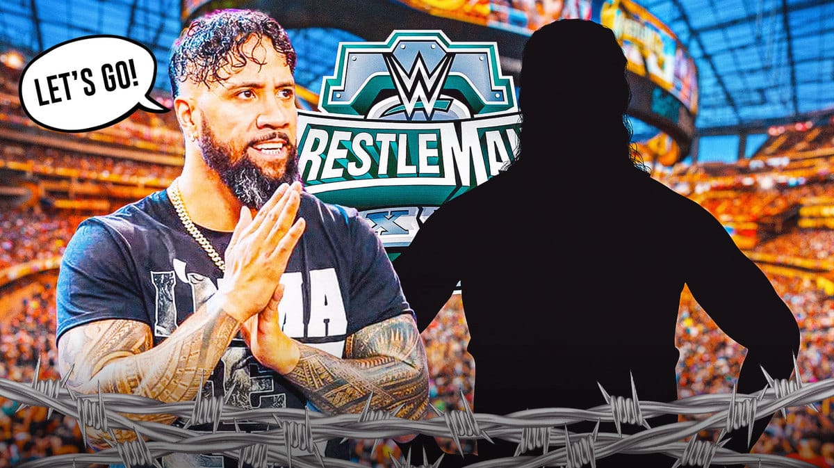 Jey Uso with a text bubble reading “Let’s go!” next to the blacked-out silhouette of Jimmy Uso with the WrestleMania 40 logo as the background.