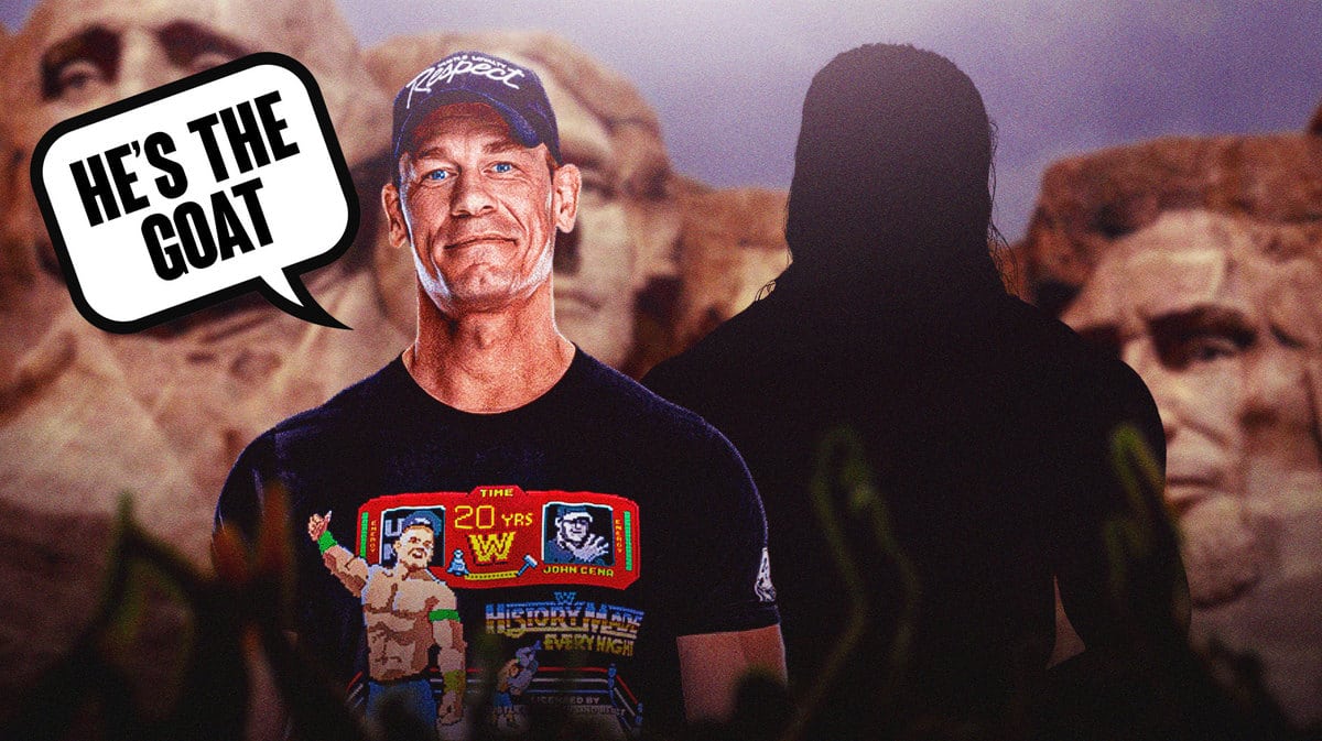 John Cena with a text bubble reading “He’s the GOAT” next to the blacked-out silhouette of Roman Reigns with Mount Rushmore behind them.