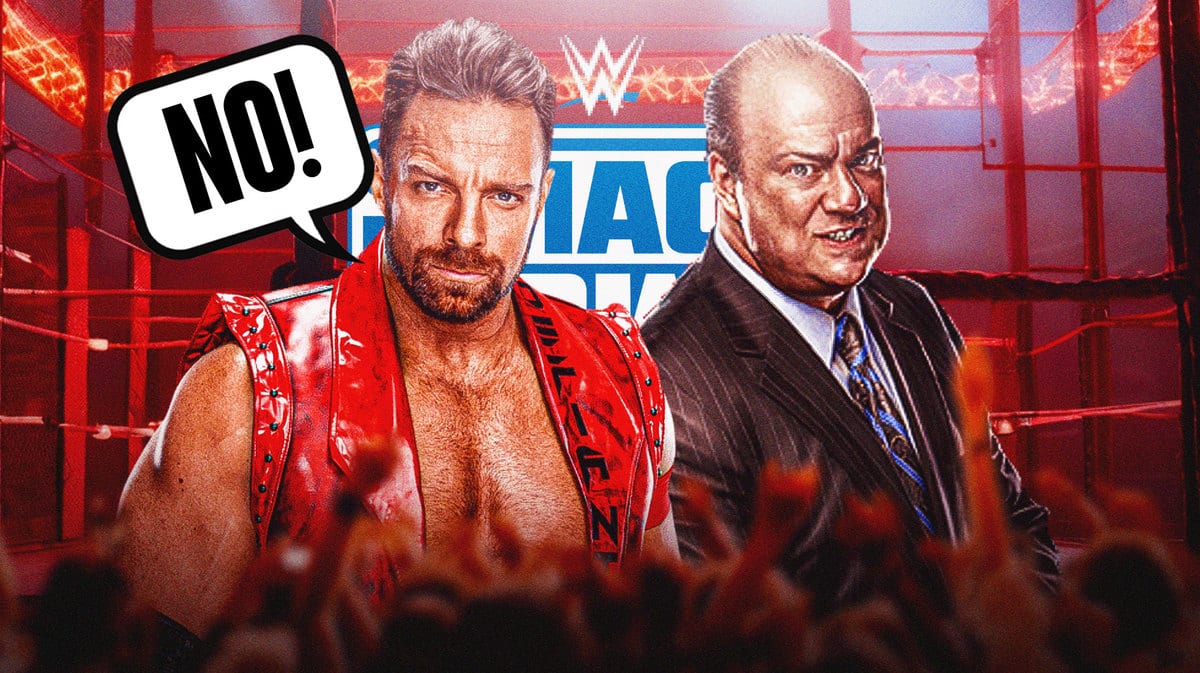 LA Knight with a text bubble reading “No!” next to Paul Heyman with the SmackDown logo as the background.