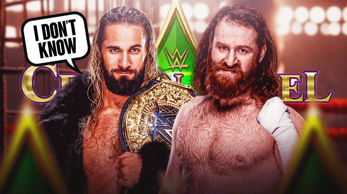 Seth Rollins with a text bubble reading “I don’t know” next to Sami Zayn with the Crown Jewel logo as the background.