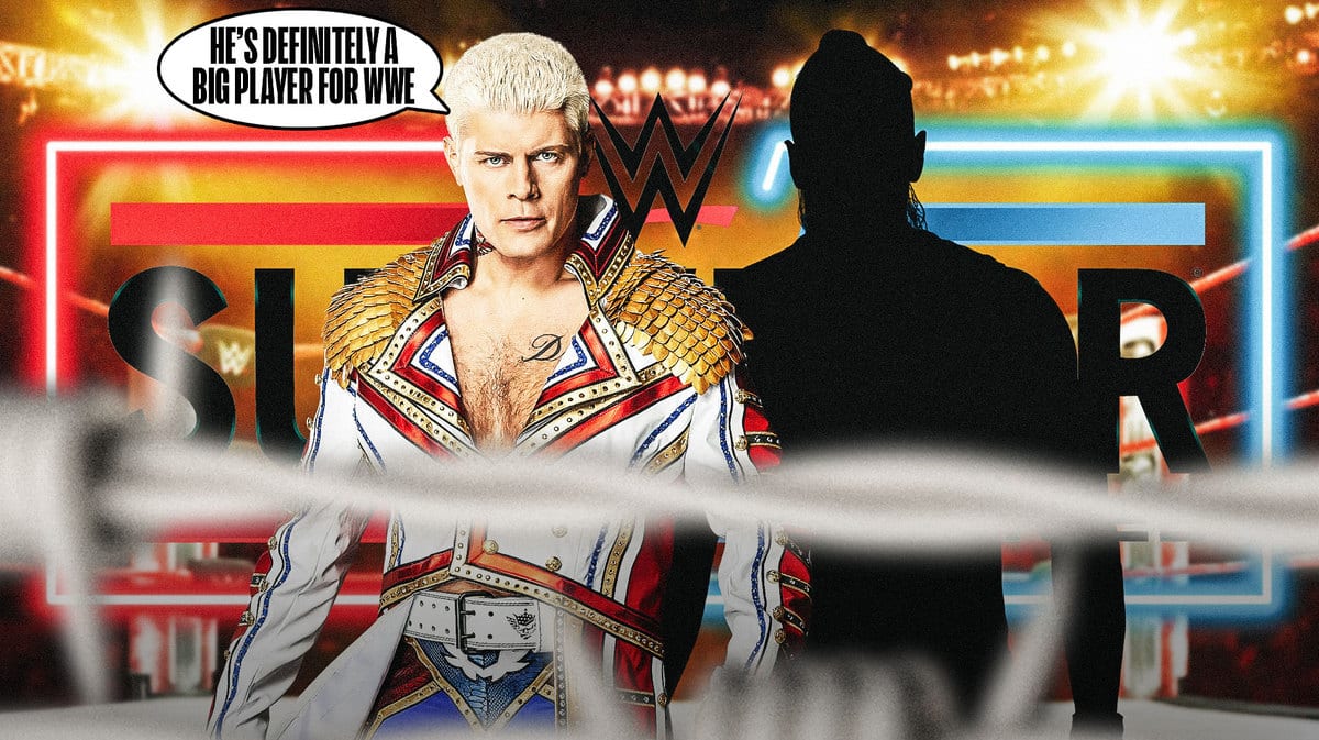 Cody Rhodes with a text bubble reading “He’s definitely a big player for WWE” next to the blacked-out silhouette of Damian Priest with the 2023 Survivor Series logo as the background.