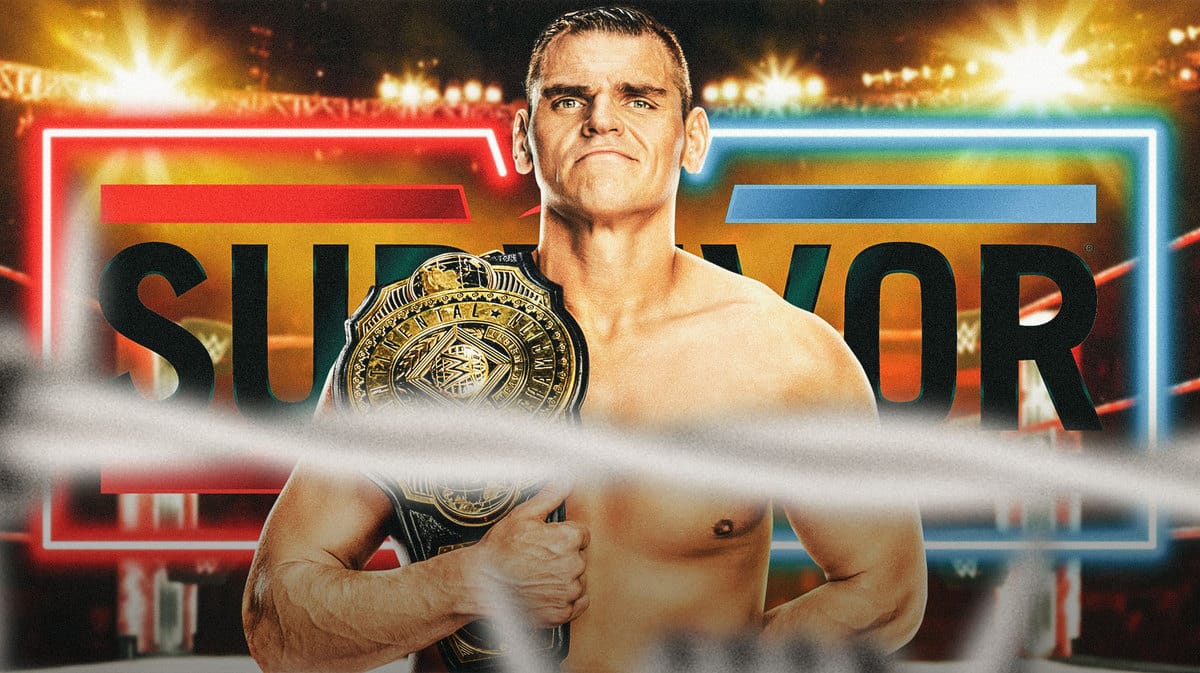 Gunther with the Intercontinental Championship in front of the 2023 Survivor Series logo.
