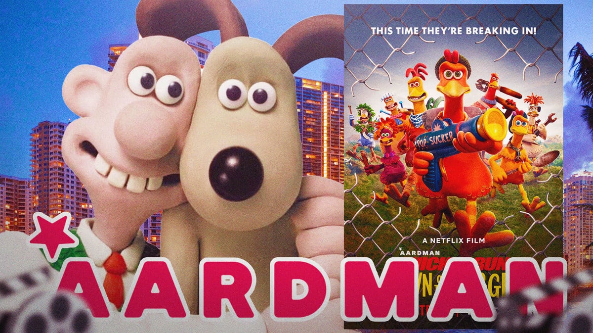 Aardman logo with Wallace and Gromit and Chicken Run: Dawn of the Nugget poster.