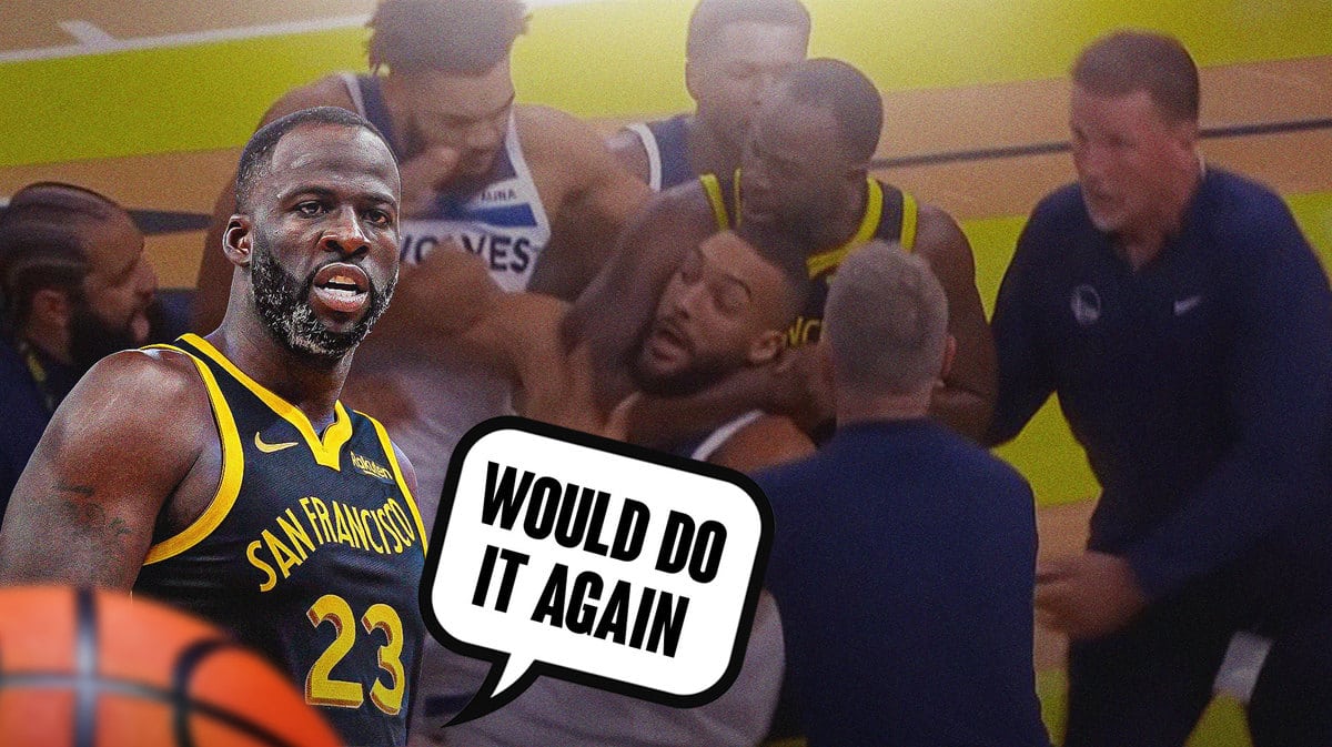 Photo: Draymond Green in Warriors jersey saying “Would do it again”, photo of Draymond choking Rudy Gobert from their incident