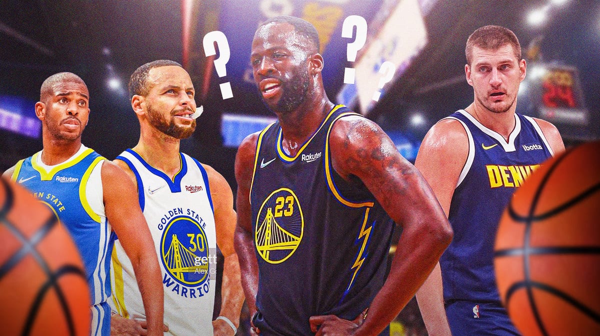 Draymond Green in Warriors jersey with question mark above him, Steph Curry, Chris Paul behind him in Warriors jersey, put Nikola Jokic in there too