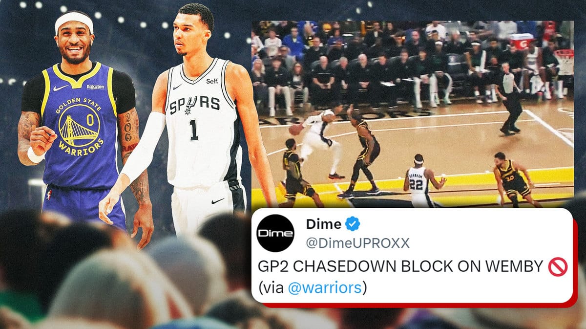 screenshot of the block, with Warriors' Gary Payton II smiling at Spurs' Victor Wembanyama