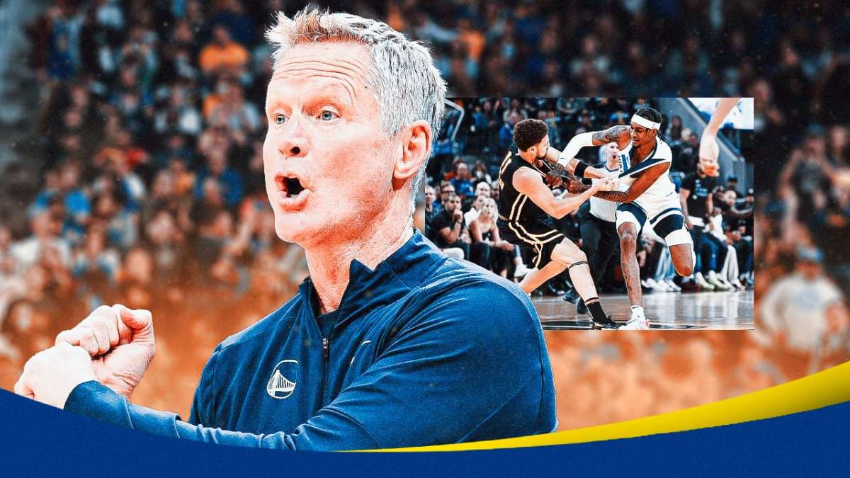 Warriors HC Steve Kerr looking angry, with pic of Klay Thompson fighting against Timberwolves' Jaden McDaniels on November 14, 2023 beside Kerr