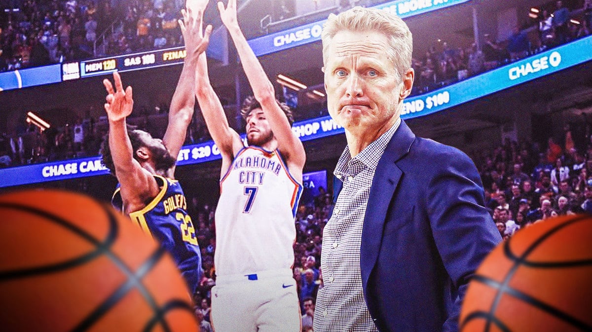 Chet Holmgren shooting over Andrew Wiggins, Warriors head coach Steve Kerr standing beside looking serious