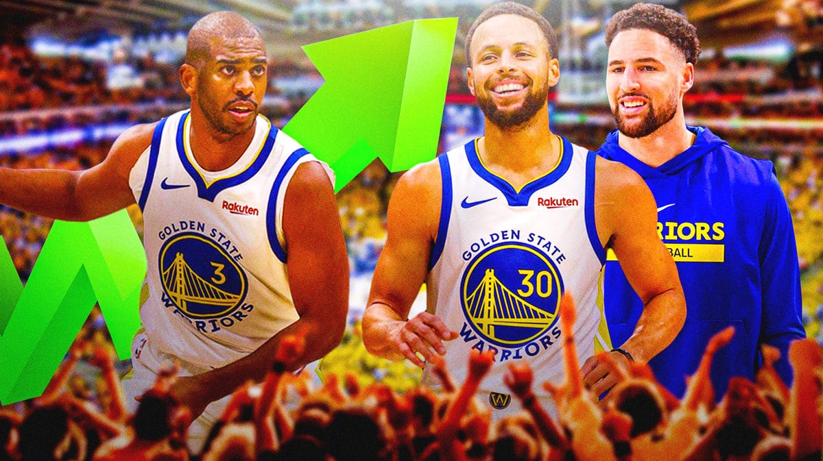 Warriors' Chris Paul hyped up, with the stock going up logo beside him, with Stephen Curry and Klay Thompson happy for Chris Paul