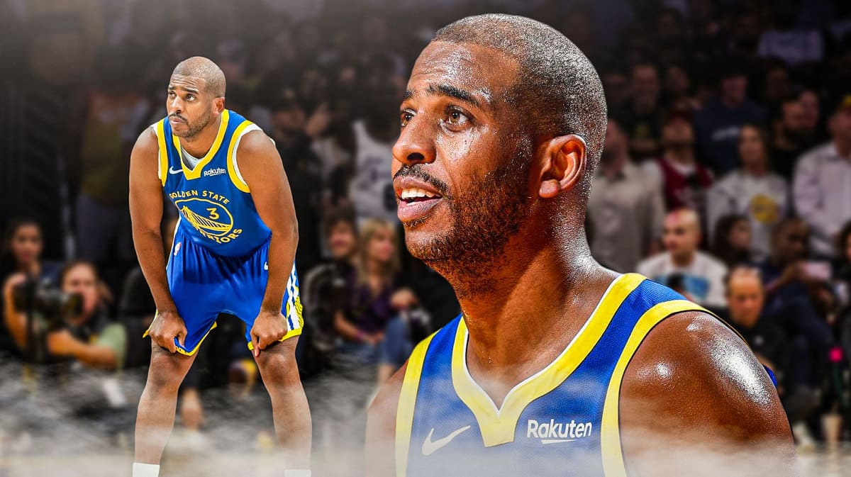 Golden State Warriors star Chris Paul in front of the Chase Center.