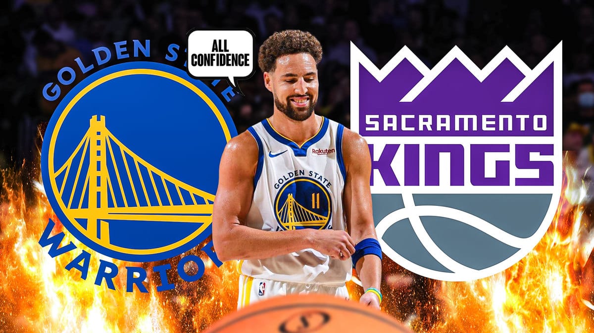 Klay Thompson in middle of image looking happy with fire around him and speech bubble: “All confidence” , Warriors and SAC Kings logos, basketball court in background