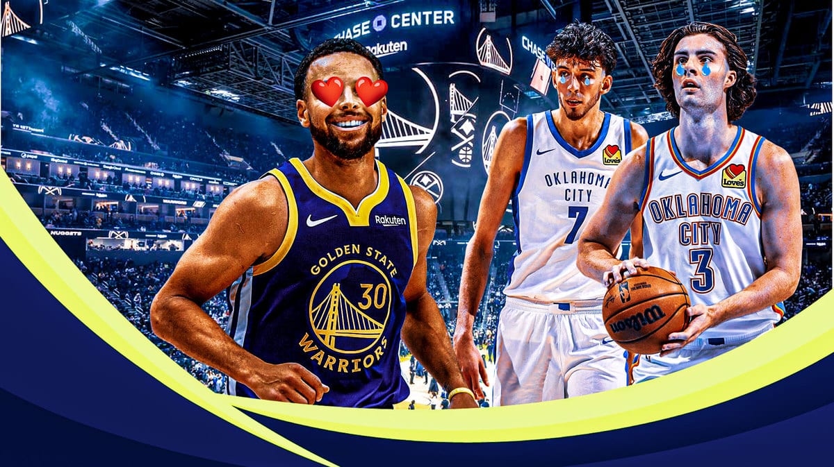 Warriors' Stephen Curry with heart eyes. Thunder’s Chet Holmgren and Josh Giddey with animated tears