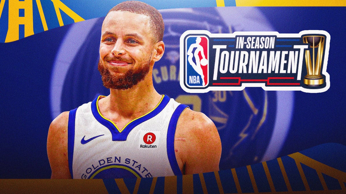 Warriors Stephen Curry after loss to Anthony Edwards Timberwolves, NBA In-Season Tournament logo in the bg