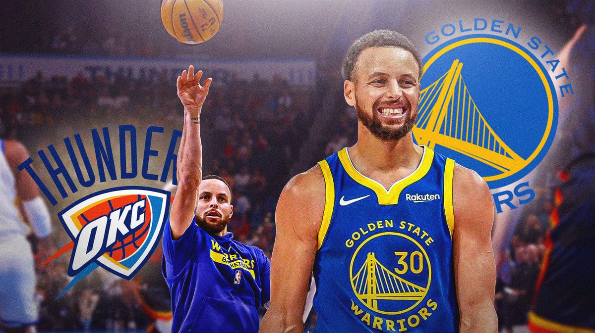Warriors' Stephen Curry smiling in front. In background, have Curry shooting a basketball. Place the Warriors and Thunder logos in background.