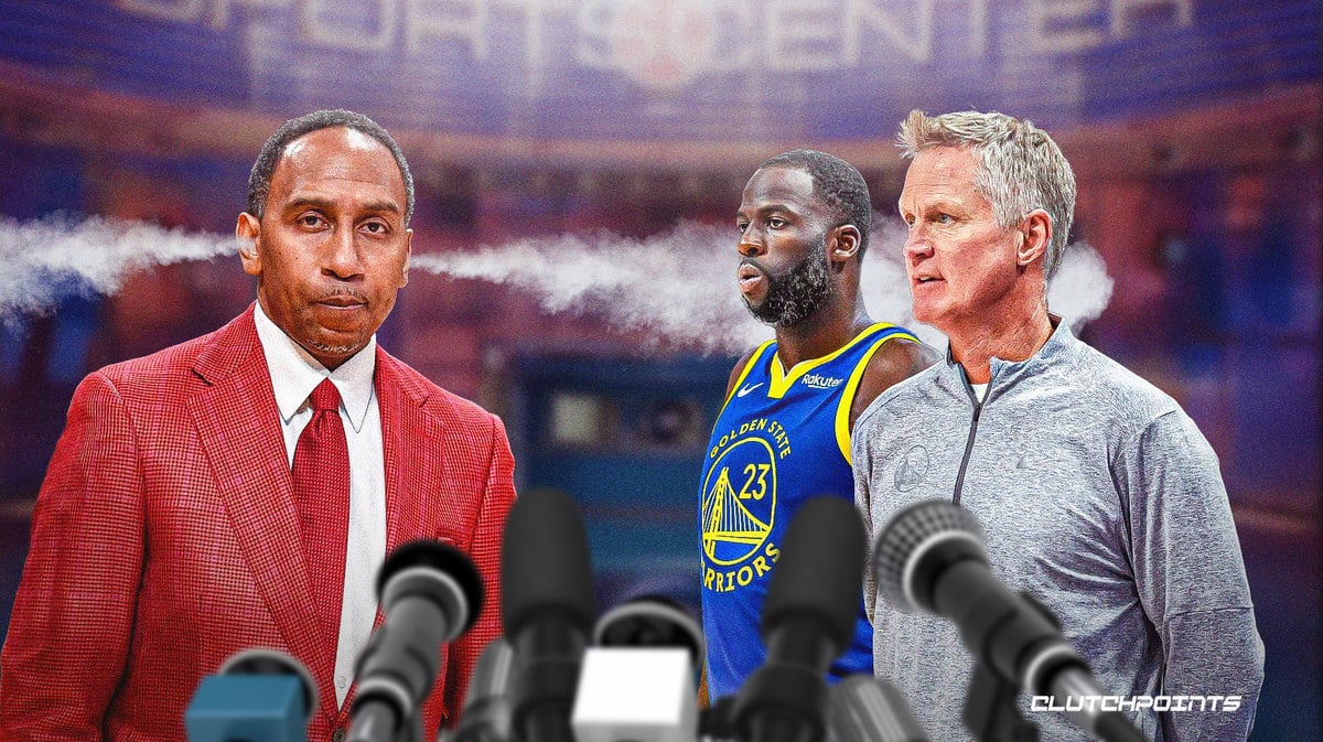 Stephen A. Smith with smoke coming out of his ears. Warriors' Steve Kerr, Warriors' Draymond Green both looking serious