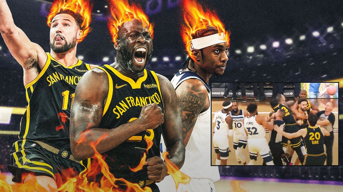 Warriors' Draymond Green, Klay Thompson and Timberwolves' Jaden McDaniels with fire on their heads.