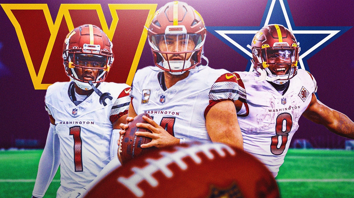 Sam Howell in middle, Brian Robinson and Jahan Dotson on either side, Commanders and Cowboys logos, football field in background