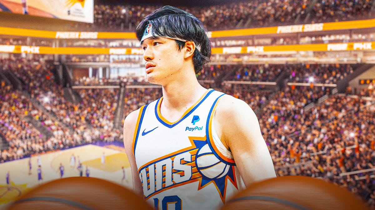 Yuta Watanabe with the Suns arena in the background