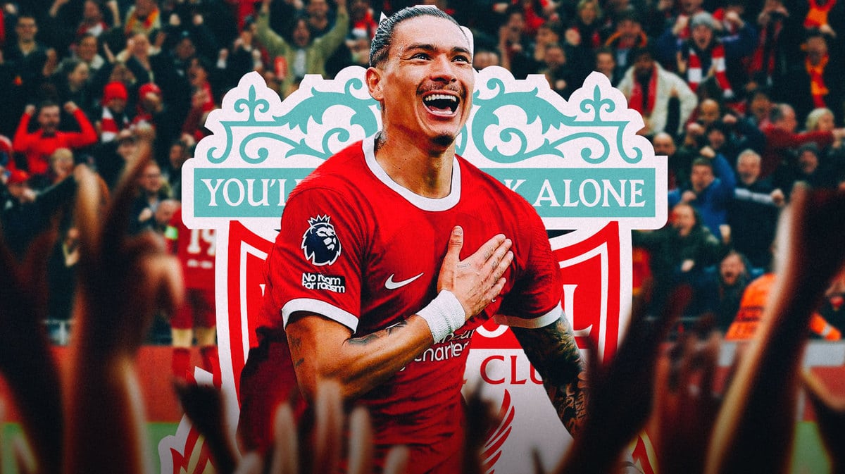 Darwin Nunez celebrating in front of the Liverpool logo