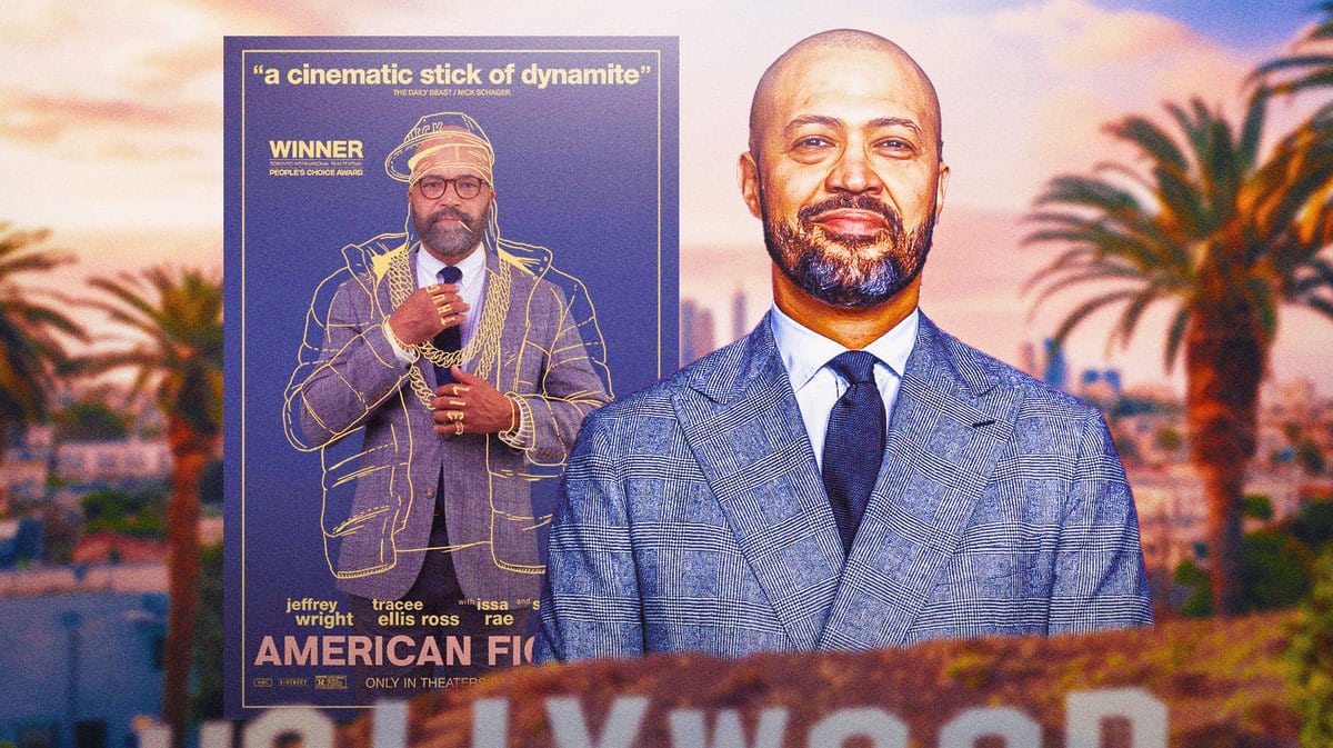 Cord Jefferson with a movie poster for American Fiction and palm trees in background.