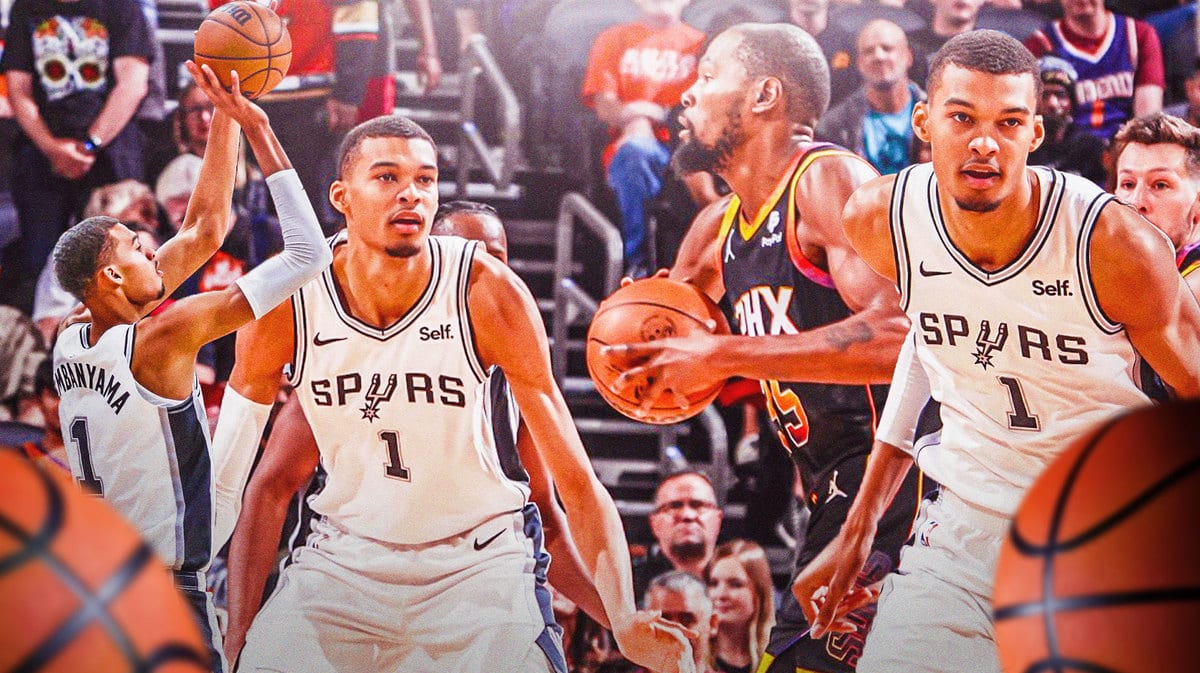 Victor Wembanyama guarding Durant, another photo of Wemby shooting a basketball, another photo of Wemby dribbling the basketball