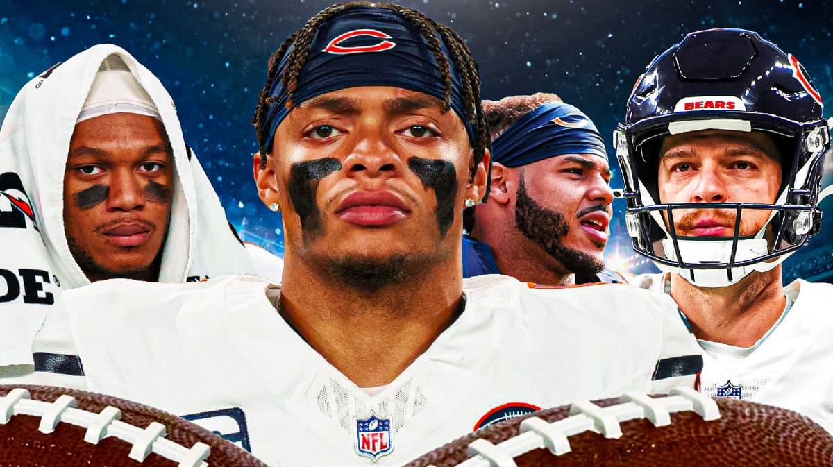 Bears QB Justin Fields surrounded by teammates DJ Moore, TJ Edwards and Cairo Santos